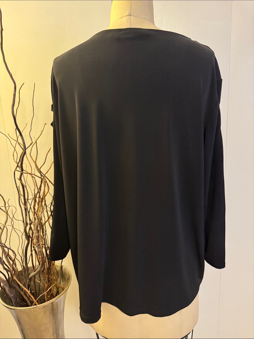 Susan Graver Black V-Neck Long Sleeve Top with cross cross accent sleeve - Picture 5 of 7
